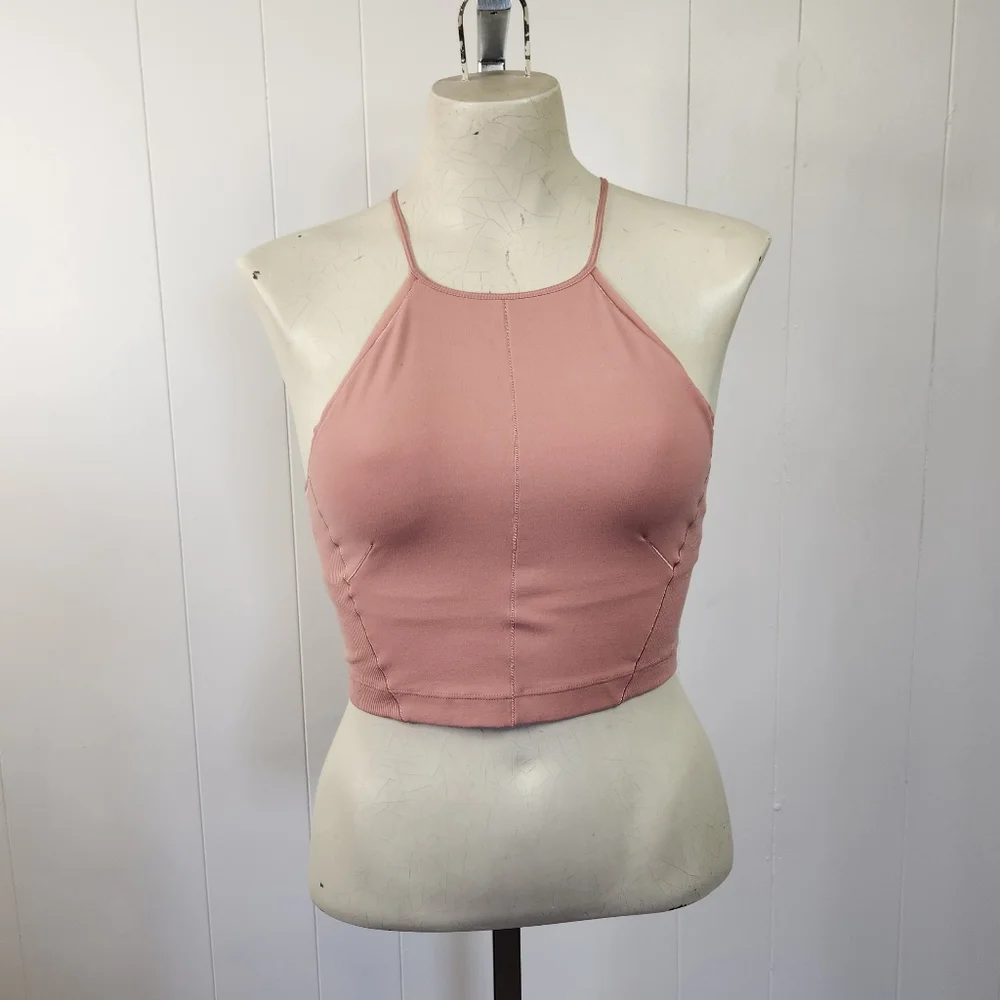 Nike Yoga Statement Clean Crop Top Tank High Neck Cropped Pink Activewear Gym - Picture 3 of 11